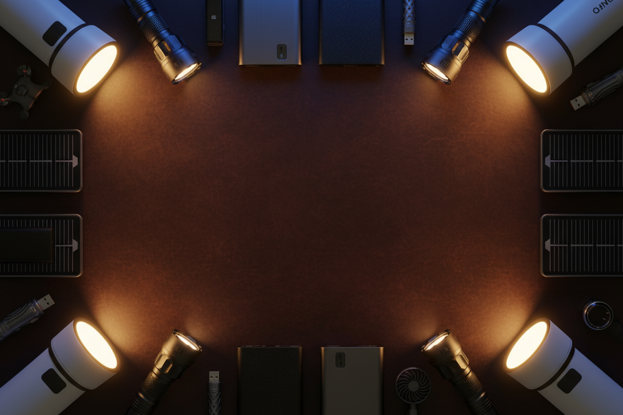 { "prompt": "Dark brown themed banner featuring electronics items such as solar plates, torches, rechargeable lights, power banks, mini fans, and small gadgets arranged neatly around the edges. Soft glowing highlights with a clean, empty center area for adding text later. Premium, bold, and tech-focused look.", "size": "1920x1080" }