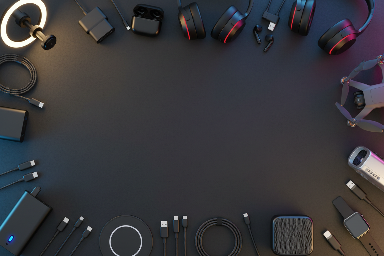 { "prompt": "Dark grey themed banner featuring mobile accessories such as power banks, ring lights, earbuds, headsets, chargers, and small gadgets arranged neatly around the edges. Soft glowing highlights with a clean, empty center area for adding text later. Premium, bold, and tech-focused look, emphasizing modern mobile gadgets.", "size": "1920x1080" }