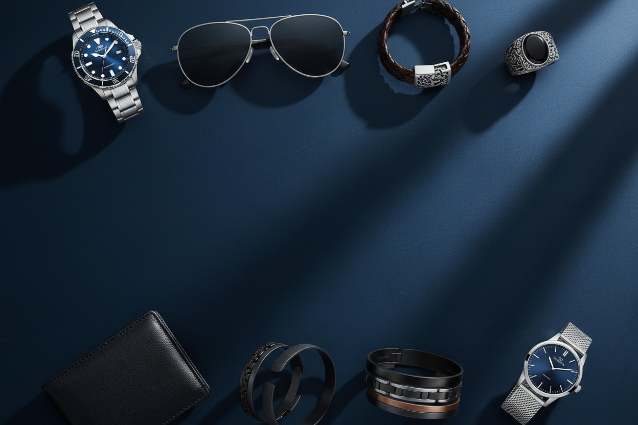 {
  "prompt": "Deep dark blue themed horizontal banner featuring men's accessories such as premium watches, stylish sunglasses, metal bracelets, rings, wallets, and masculine fashion items arranged neatly around the edges mostly on top and bottom sides. Strong shadows, bold lighting effects, and a clean empty center area for adding text later. Modern, classy, rugged, and premium masculine aesthetic.",
  "size": "1920x1080"
}
