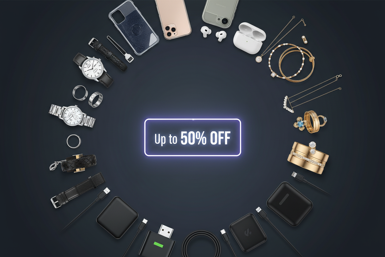 { "prompt": "Vertical banner showing mixed accessories: men's watches, women's jewelry, bracelets, rings, phone cases, earbuds, and chargers arranged around the edges. Sleek modern background with dark gradients. Bold glowing text area showing 'Up to 50% OFF' in the center. Premium, attractive, and clean layout.", "size": "1080x1920" }